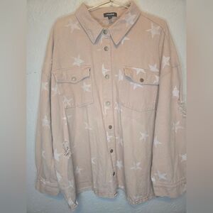 Mitto Shop Star Print Button Up Shacket Jacket Light Pink 2X Distressed